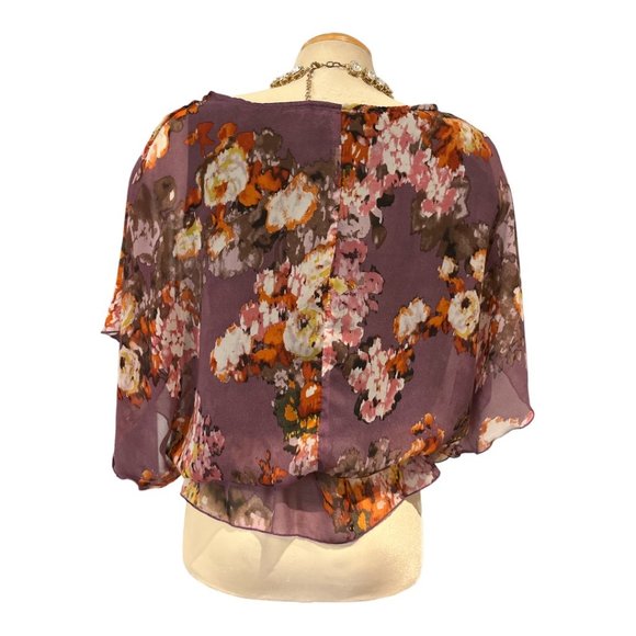 CYNTHIA ROWLEY Floral Blouse Size Med Flowy Big Sleeves Ruffle Hem Lined - Picture 5 of 16